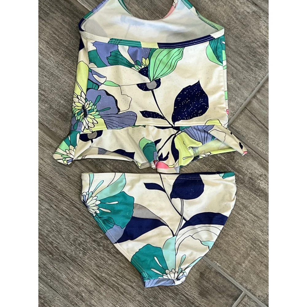 Old Navy Kids Girls Floral Ruffle Bikini Set Size XS 5‎ Blue Green Pink Sparkle